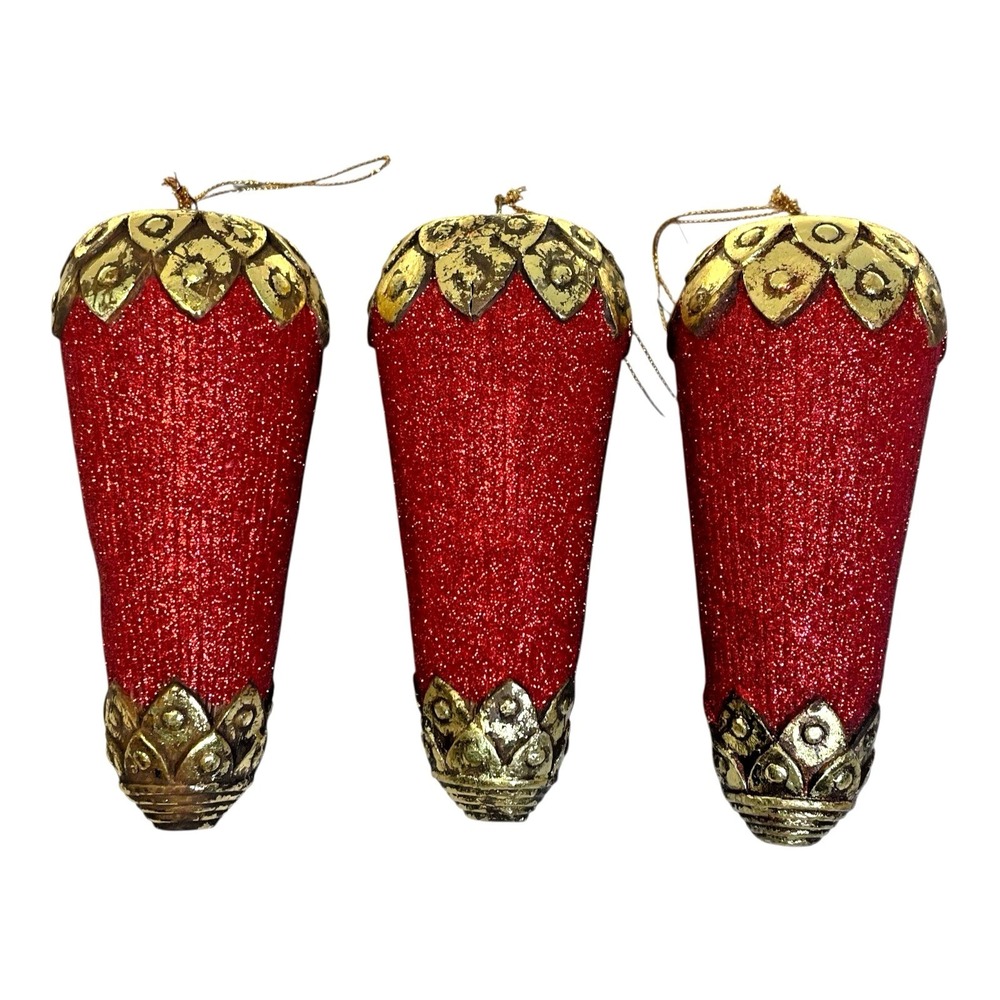 VTG Style Ruby Red Glitter Pinecone Drop Ornaments Set of 3 Gold Christmas Decor